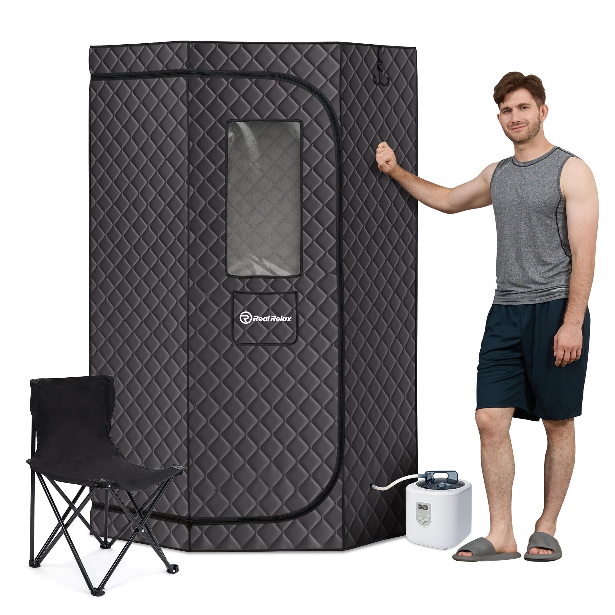 Real Relax Sports&Fitness Real Relax Sauna Box Portable Sauna for Home, 6.2ft Full Body Home Steam Sauna, Spacious Pentagon Steam Room Home Spa with 3.6L 1600W Steamer Sauna, Grey