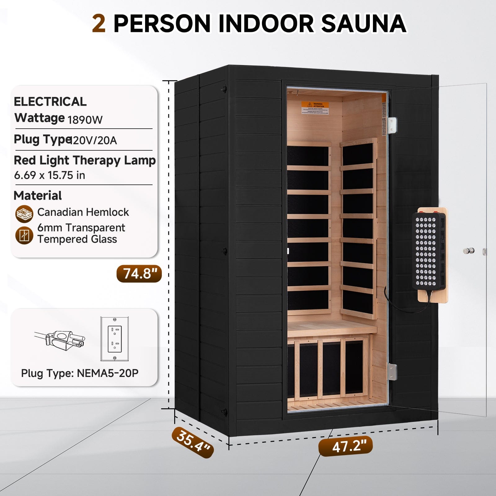 Real Relax Sports&Fitness RealRelax® S-01-3P Full Spectrum 2-Person Infrared Sauna Black
