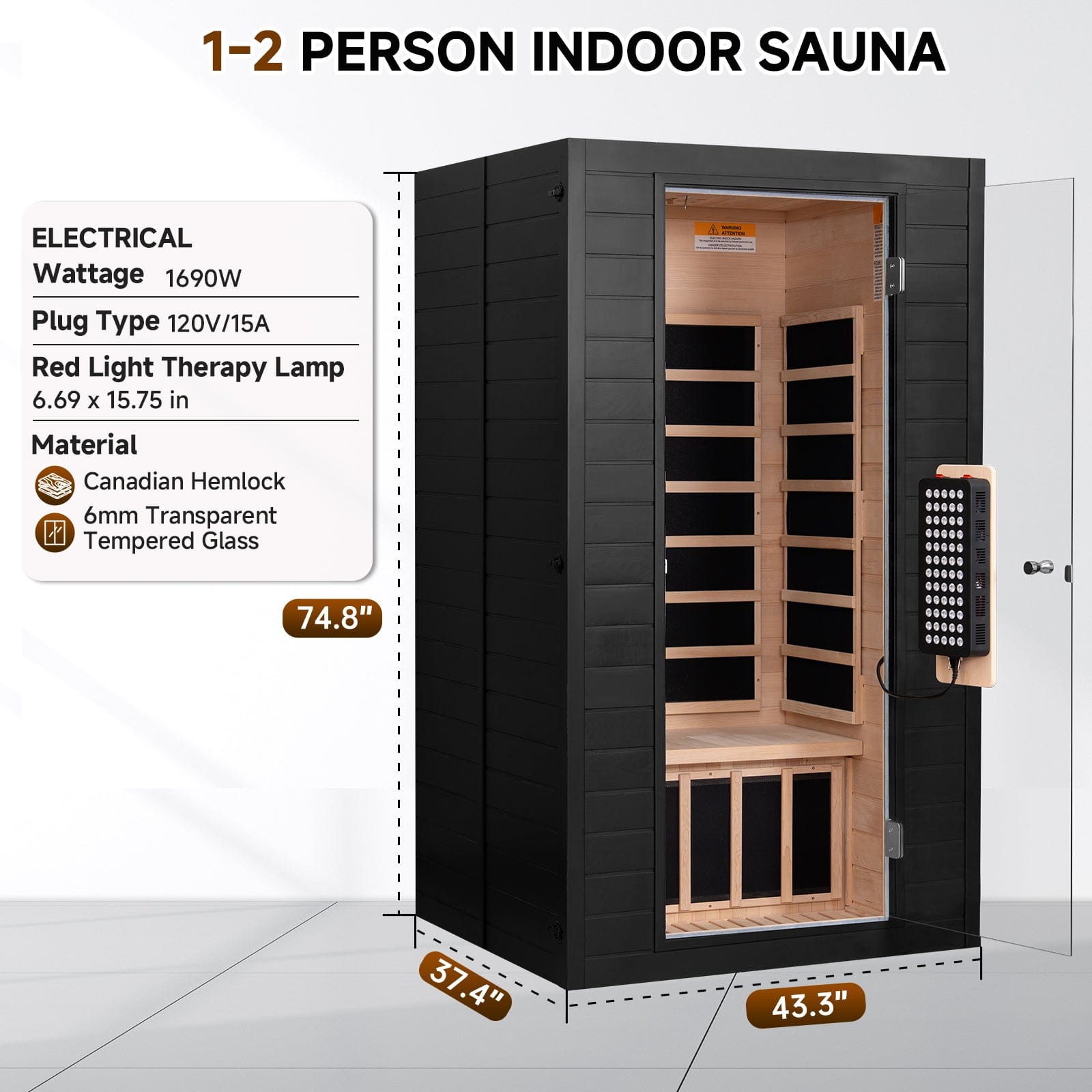 Real Relax Sports&Fitness RealRelax® S-01-2P Full Spectrum 1-2 Person Infrared Sauna Black